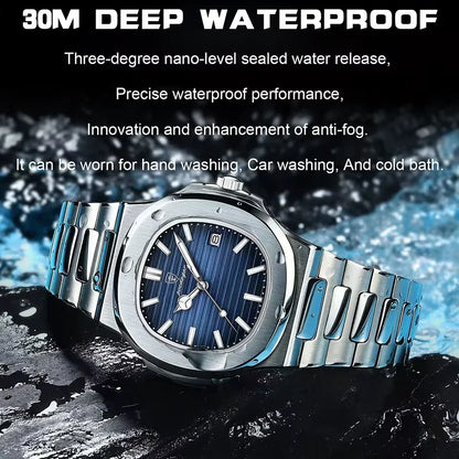 Luxury Watch Business 50 ATM Waterproof Male Clock Luminous Date Stainless Steel Square Quartz Men Watches Reloj Hombre