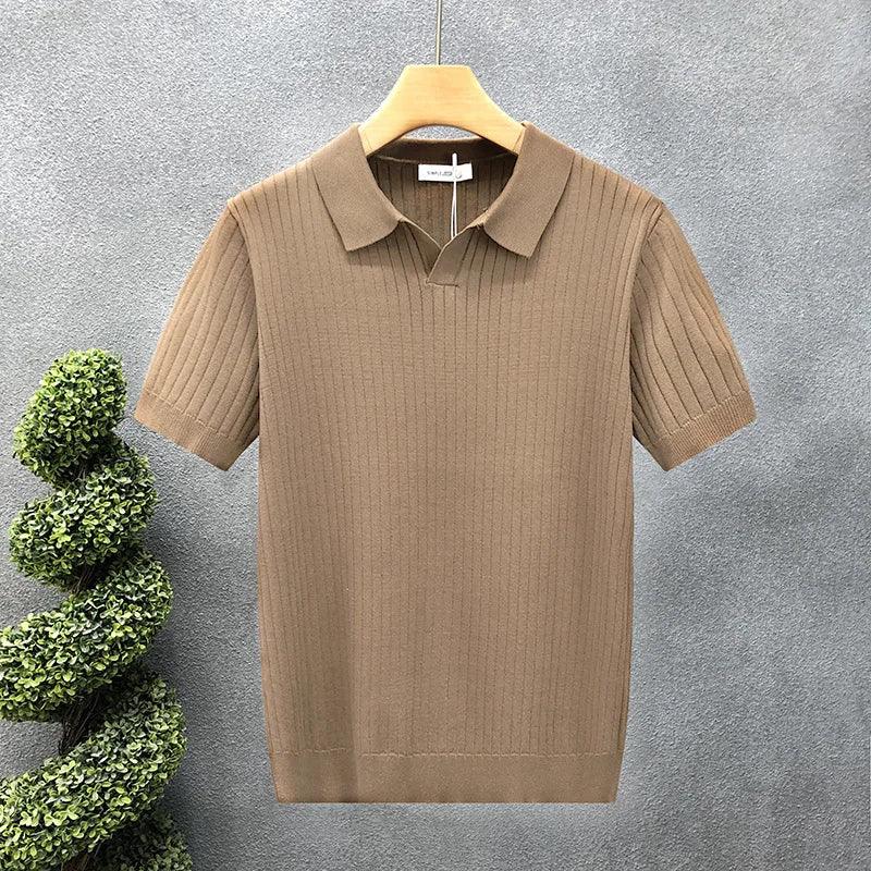 Ice Silk Polo Shirt V-Neck Short Sleeve Knitted Men'S Striped Fashion Urban Style Breathable Summer Casual T-Shirt
