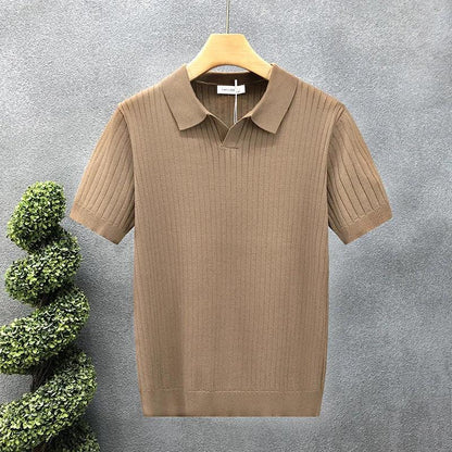 Ice Silk Polo Shirt V-Neck Short Sleeve Knitted Men'S Striped Fashion Urban Style Breathable Summer Casual T-Shirt