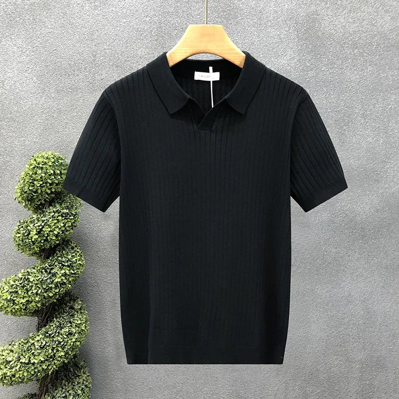 Ice Silk Polo Shirt V-Neck Short Sleeve Knitted Men'S Striped Fashion Urban Style Breathable Summer Casual T-Shirt