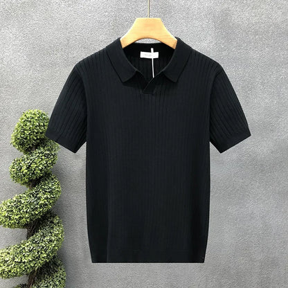 Ice Silk Polo Shirt V-Neck Short Sleeve Knitted Men'S Striped Fashion Urban Style Breathable Summer Casual T-Shirt