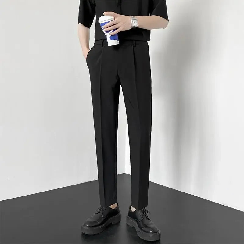 Autumn New Style Men'S Casual Straight Leggings Korean Loose Fit Nine Points British Style No Ironing Slimming Casual Pants