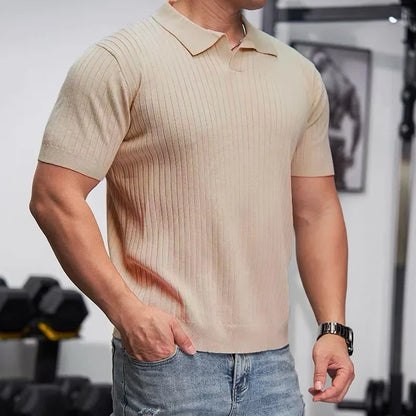 Ice Silk Polo Shirt V-Neck Short Sleeve Knitted Men'S Striped Fashion Urban Style Breathable Summer Casual T-Shirt