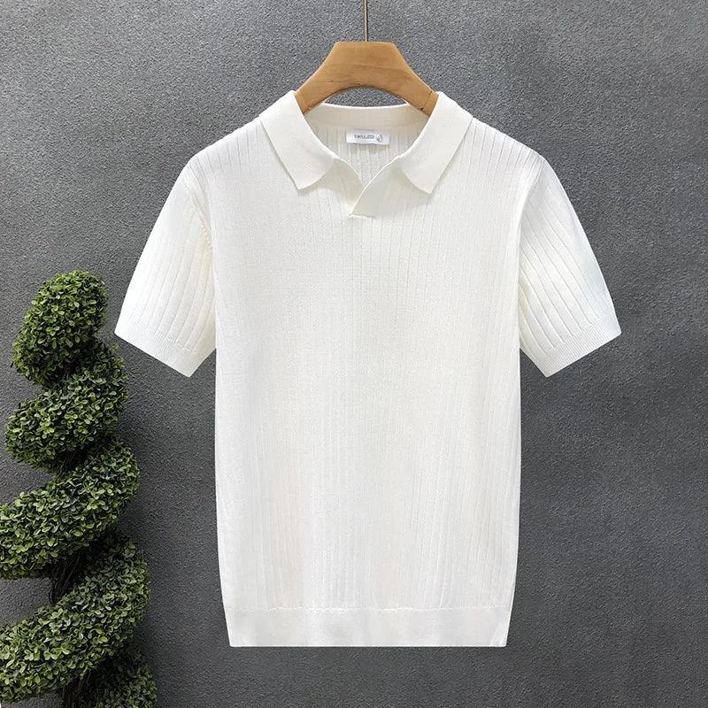 Ice Silk Polo Shirt V-Neck Short Sleeve Knitted Men'S Striped Fashion Urban Style Breathable Summer Casual T-Shirt