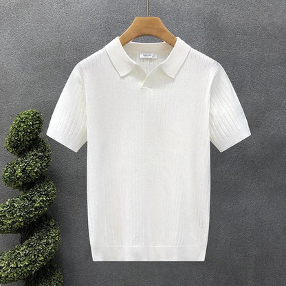 Ice Silk Polo Shirt V-Neck Short Sleeve Knitted Men'S Striped Fashion Urban Style Breathable Summer Casual T-Shirt