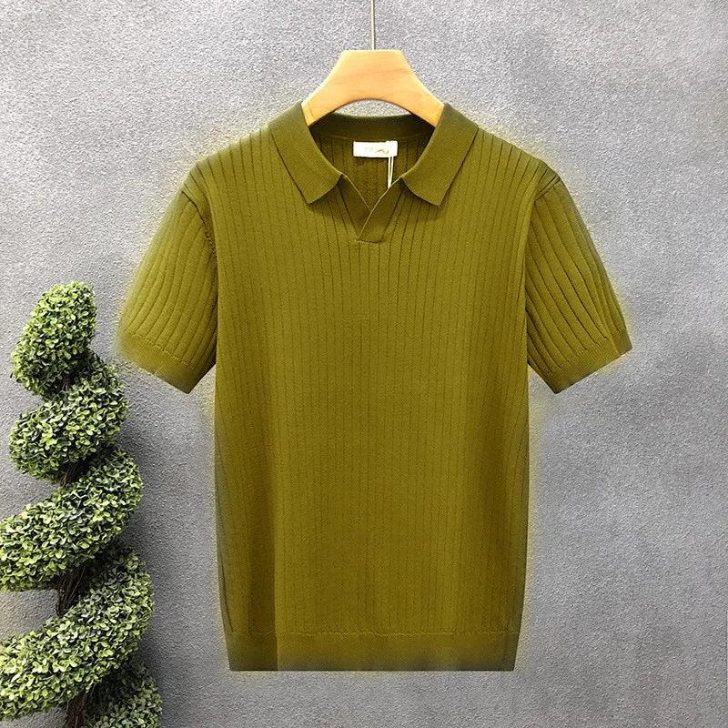 Ice Silk Polo Shirt V-Neck Short Sleeve Knitted Men'S Striped Fashion Urban Style Breathable Summer Casual T-Shirt