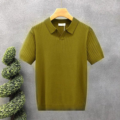 Ice Silk Polo Shirt V-Neck Short Sleeve Knitted Men'S Striped Fashion Urban Style Breathable Summer Casual T-Shirt