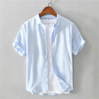 Linen Cotton Blend Men'S Shirt Loose Fit Casual Thin Summer Pure White Business Casual Short Sleeve Coat Jacket