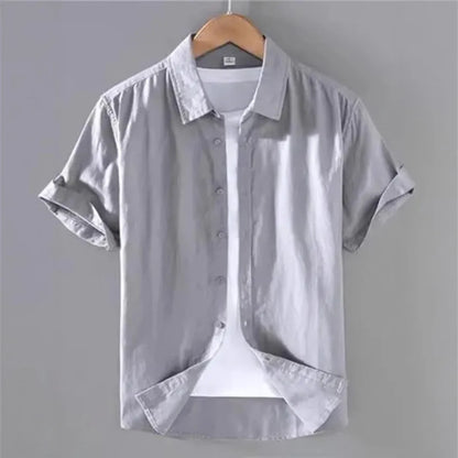 Linen Cotton Blend Men'S Shirt Loose Fit Casual Thin Summer Pure White Business Casual Short Sleeve Coat Jacket