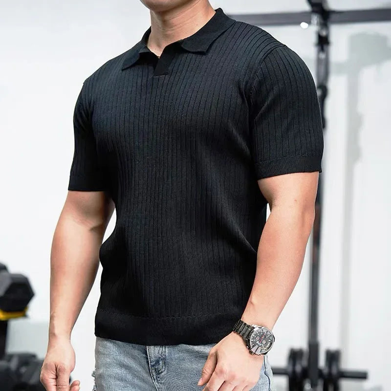 Ice Silk Polo Shirt V-Neck Short Sleeve Knitted Men'S Striped Fashion Urban Style Breathable Summer Casual T-Shirt