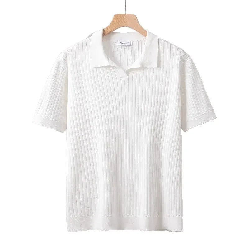 Ice Silk Polo Shirt V-Neck Short Sleeve Knitted Men'S Striped Fashion Urban Style Breathable Summer Casual T-Shirt