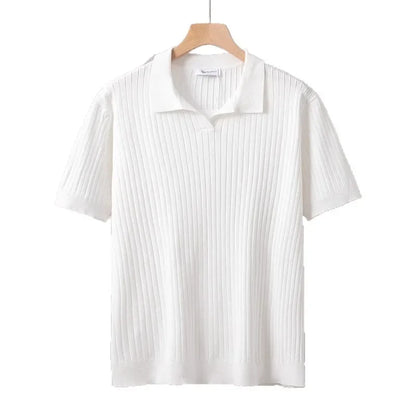 Ice Silk Polo Shirt V-Neck Short Sleeve Knitted Men'S Striped Fashion Urban Style Breathable Summer Casual T-Shirt