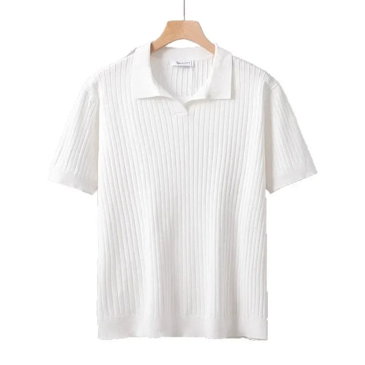Ice Silk Polo Shirt V-Neck Short Sleeve Knitted Men'S Striped Fashion Urban Style Breathable Summer Casual T-Shirt