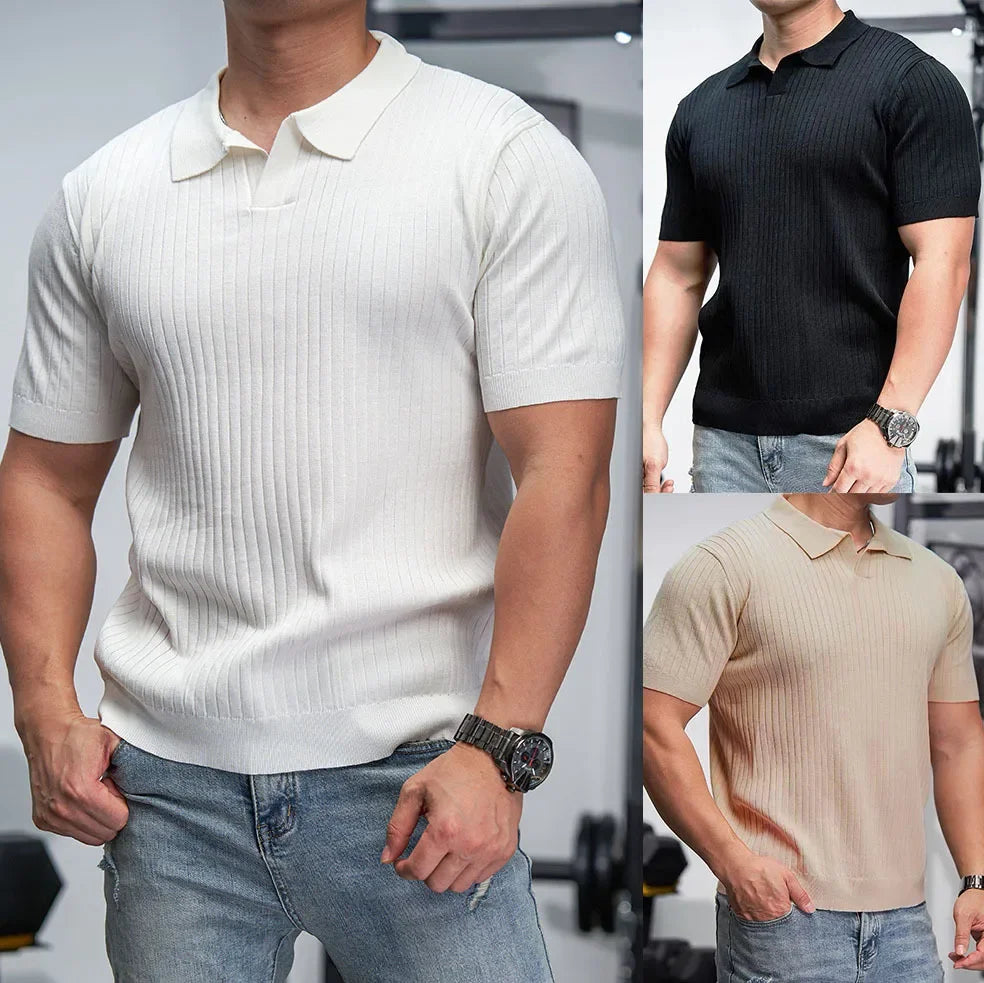 Ice Silk Polo Shirt V-Neck Short Sleeve Knitted Men'S Striped Fashion Urban Style Breathable Summer Casual T-Shirt