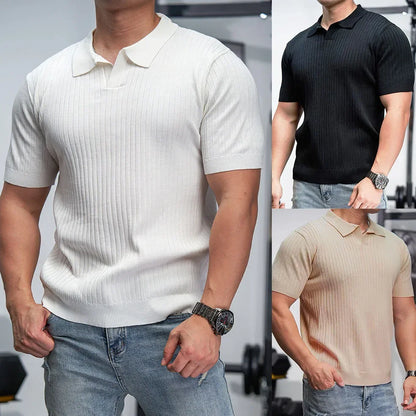 Ice Silk Polo Shirt V-Neck Short Sleeve Knitted Men'S Striped Fashion Urban Style Breathable Summer Casual T-Shirt