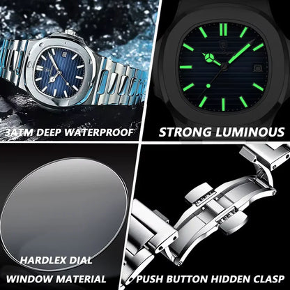 Luxury Watch Business 50 ATM Waterproof Male Clock Luminous Date Stainless Steel Square Quartz Men Watches Reloj Hombre